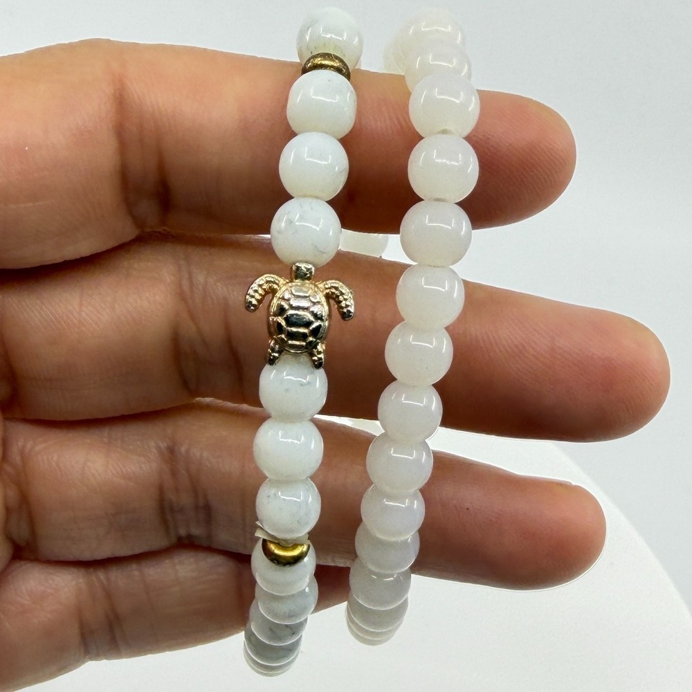 White Beaded Turtle Bracelet Set Gold Tone Accent Boho Beach Stackable Gift